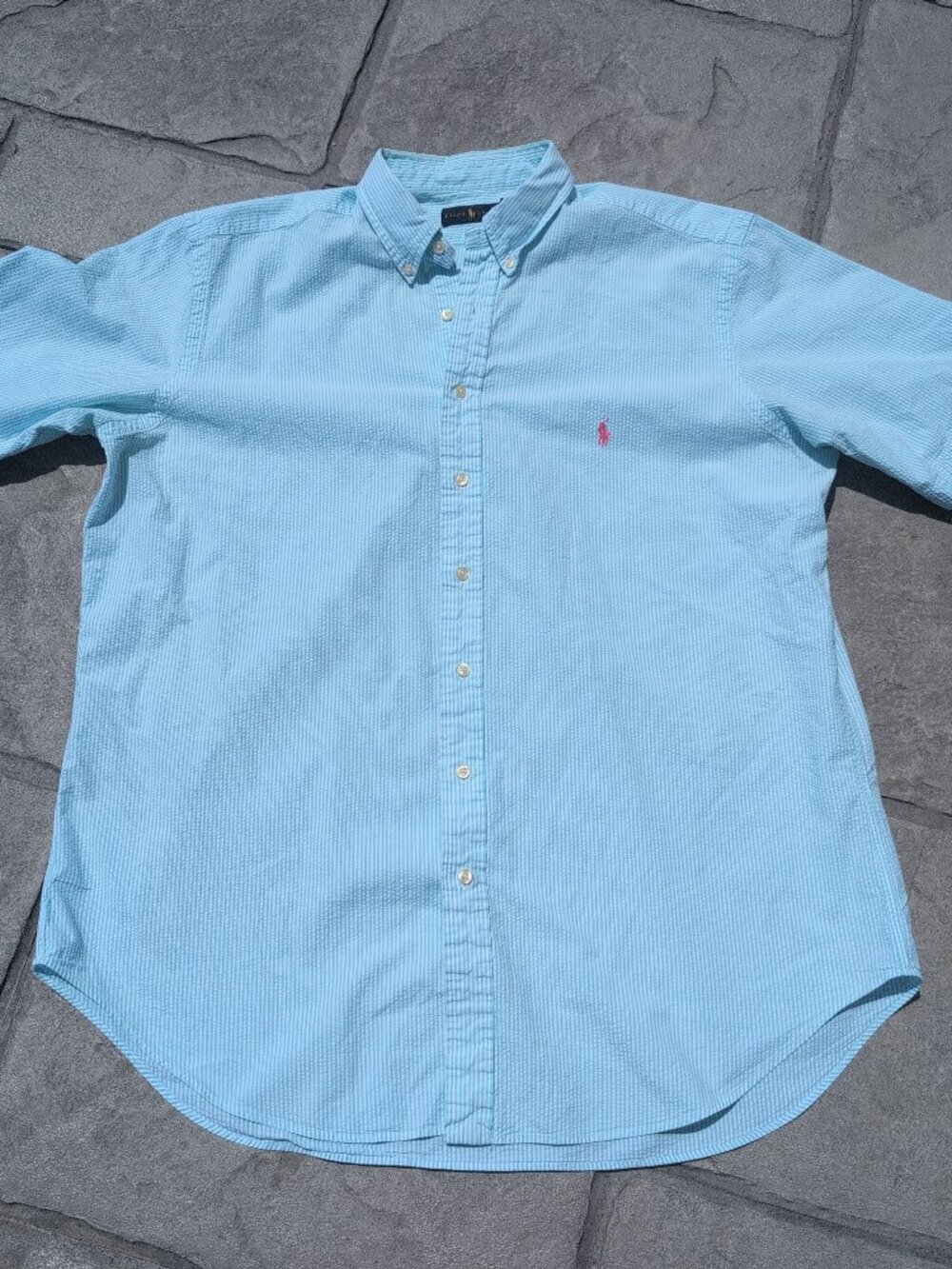 Polo Ralph Lauren Blue/White Seersucker Short Sleeve Button Down - XLT